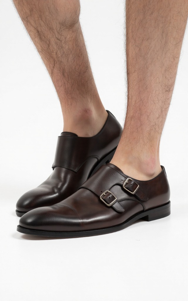 A male model wearing Monk   strap shoes with double   buckles, against a white background, with a close   up of the feet